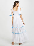 Blue Knotted Bowknot Bohemia Pompoms Split-front Maxi Dress